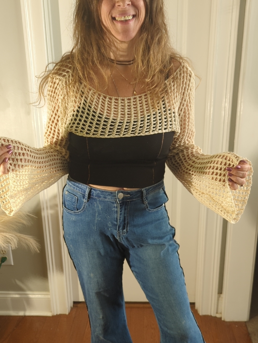Cropped Open-Knit Bell Sleeve Top - Cream